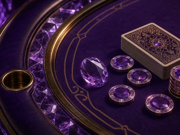 Decorative image of the purple card table and tokens—not the actual game screen of Dino Hunter