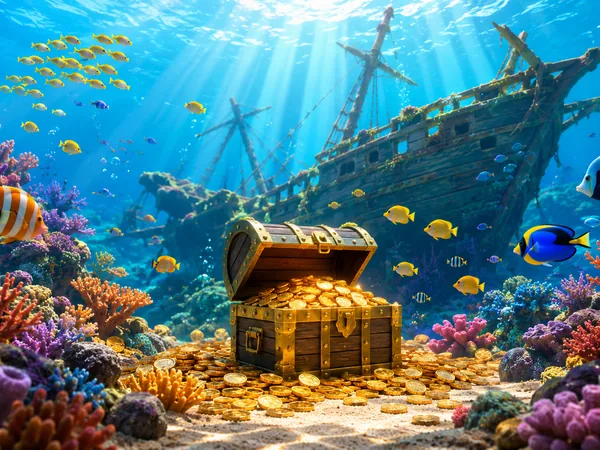 Decorative image of the treasure chest of the sea—not the actual table of W Live